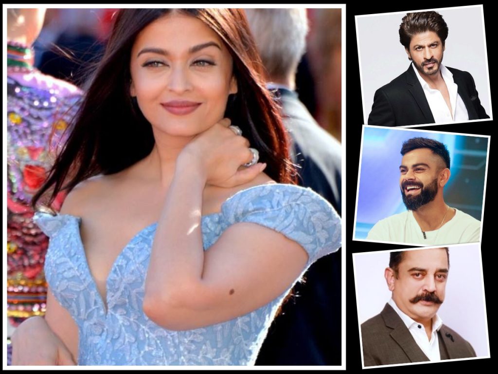 November born celebrities - this is a collage of 4 photos of Aishwarya, Virat, Shahrukh and Kamal Hasaan